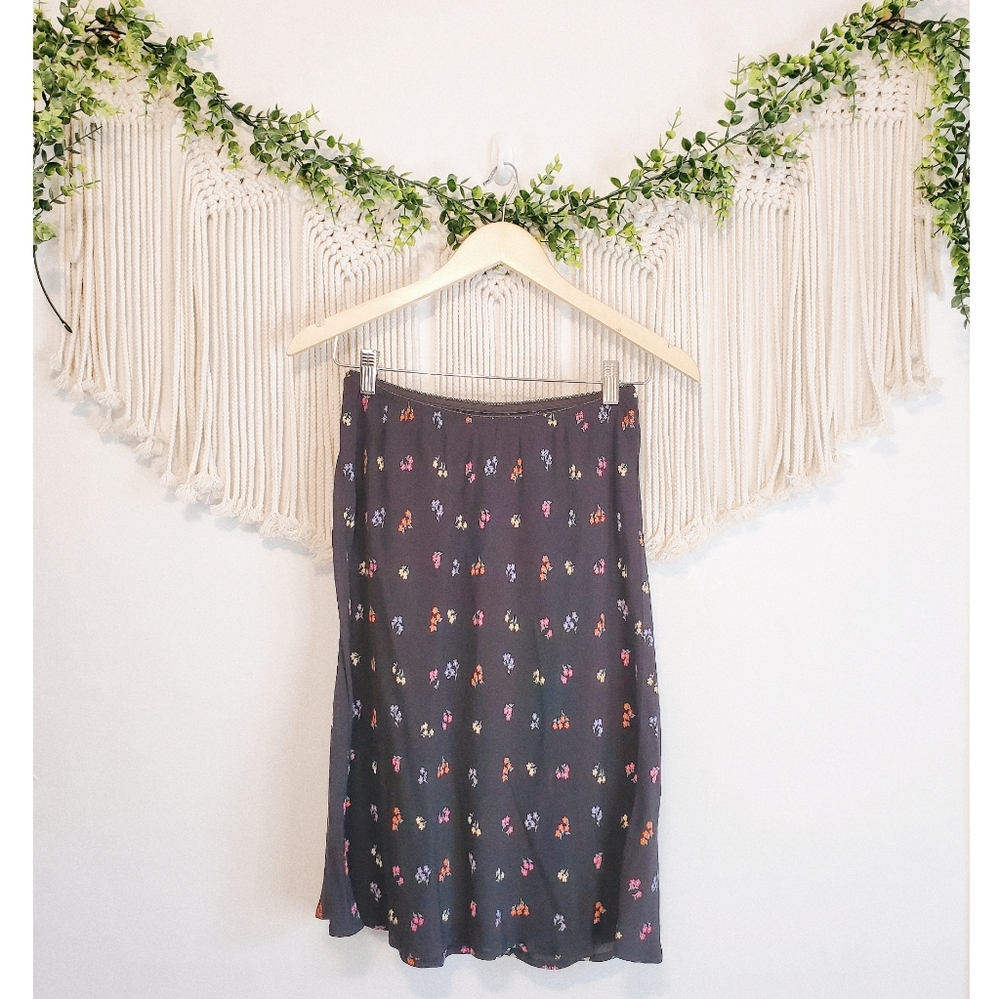 Vintage Black Colorful Floral Print Stretchy Waist Pull On Skirt sz M